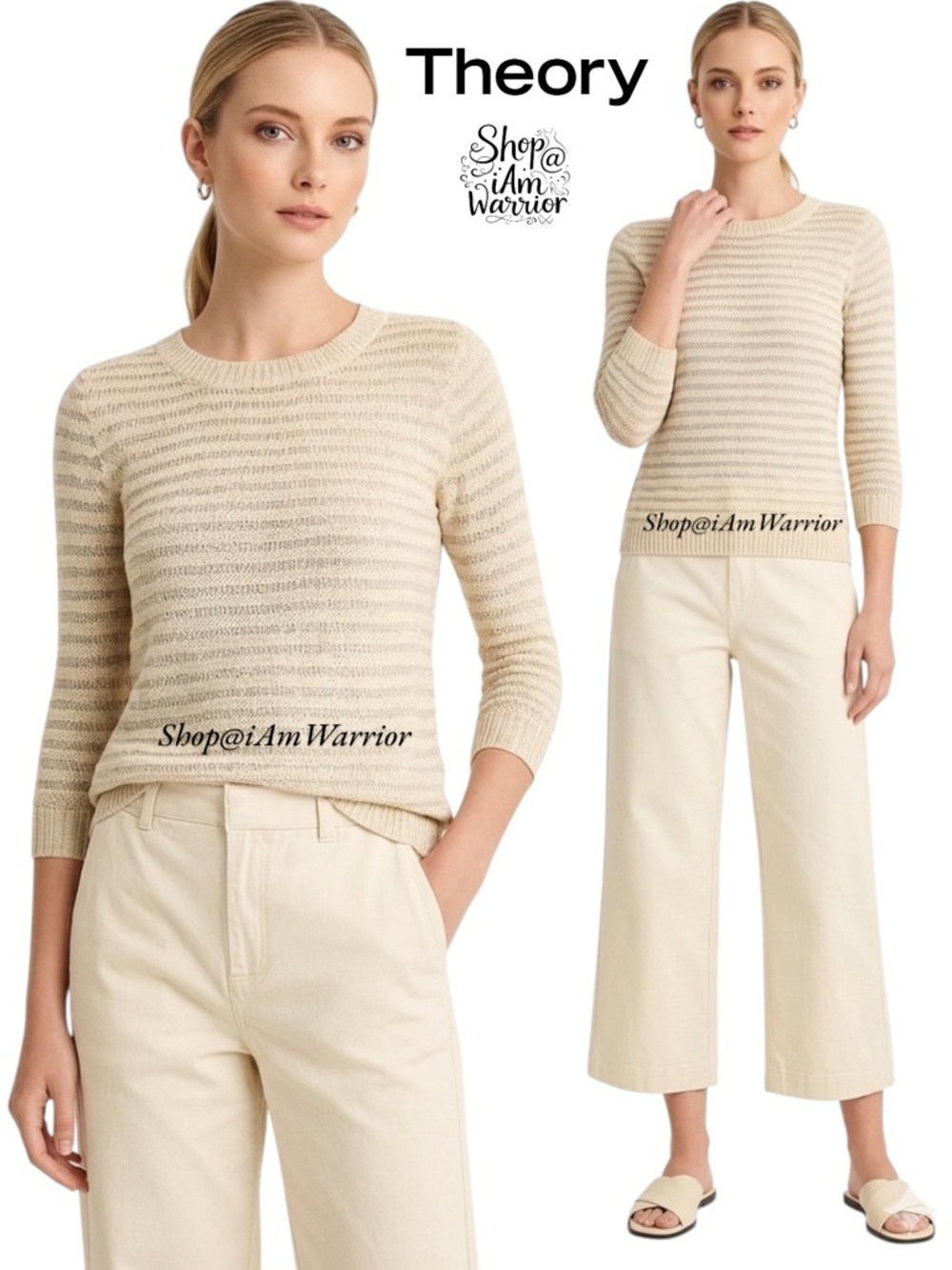 Theory cotton/linen blend open weave nubby striped crewneck sweater